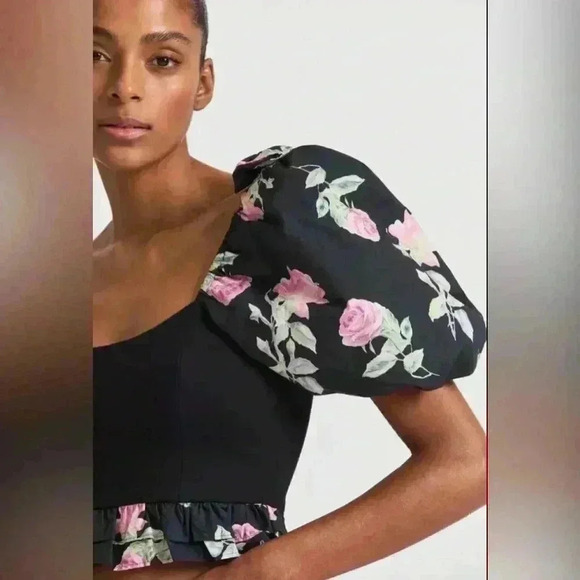 LoveShackFancy Floral Puff Sleeve Spirit Crop Top Black Size Large - Picture 2 of 10